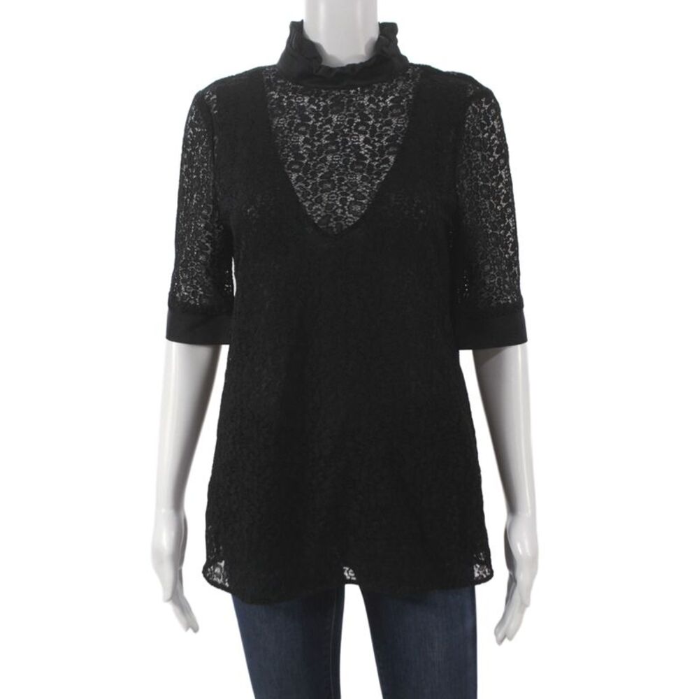 Tara Jarmon Womens Lace High Neck Tunic Blouse Black 3/4 Sleeve Size 40